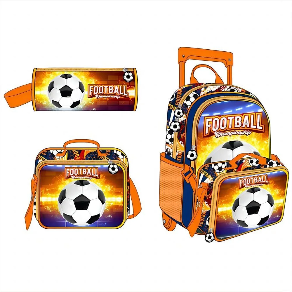 Custom 3 Pieces Sets Football Pattern Kids Boys School Trolley Bag Backpack with Wheels