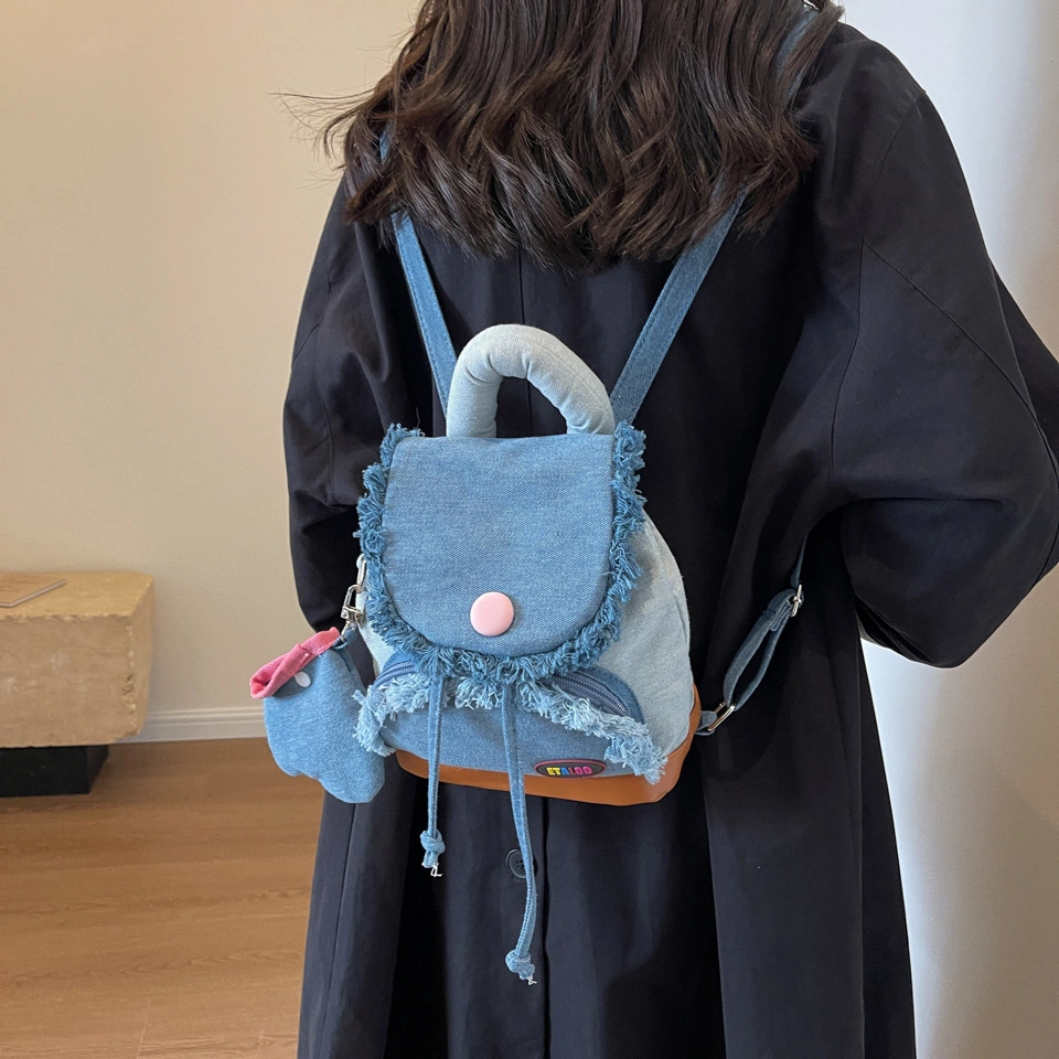 Donut Denim Button Backpack 2023 New Cute Small School Bag Girls College Students Niche Backpack