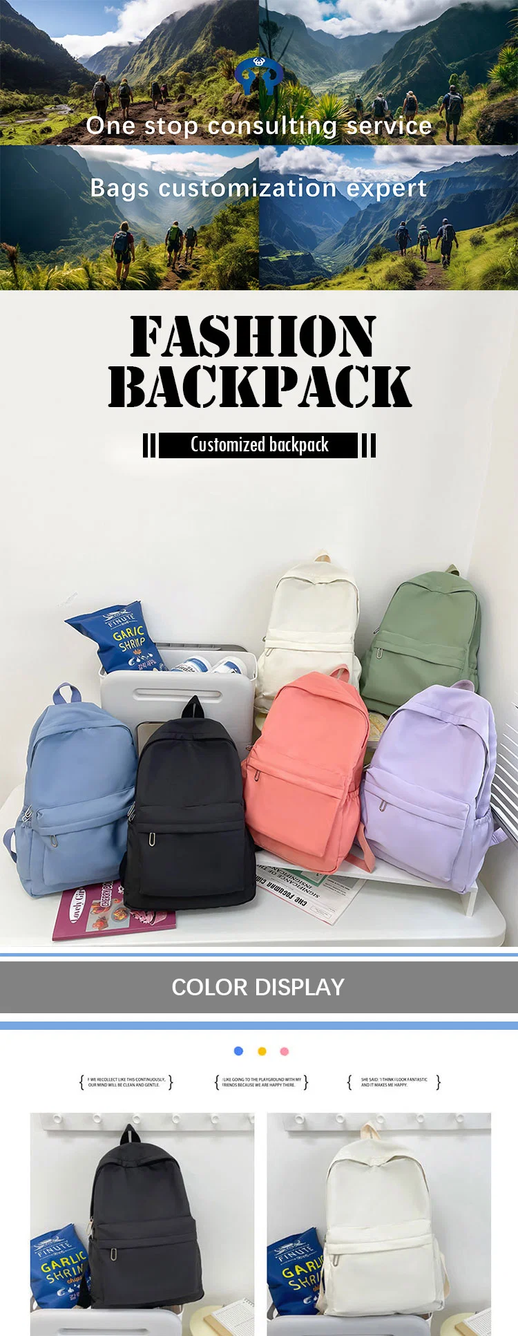 Custom Low MOQ Solid Color Bookbag Girl School Bag Student Kids Backpack