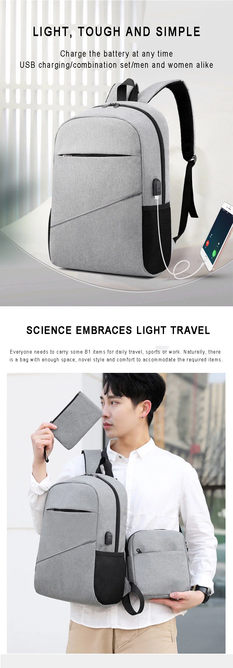 Custom Design Oxford Large Capacity Men&prime;s Shoulder Bags Rucksack USB Charging Youth Backpack