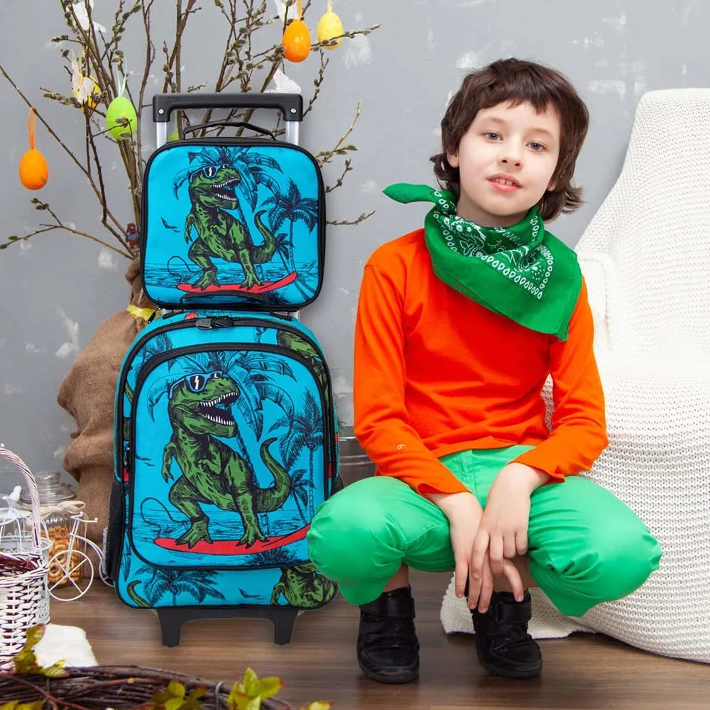 3PCS Rolling Backpack Bag for Boys Bag, Kids Dinosaur Wheeled Bookbag