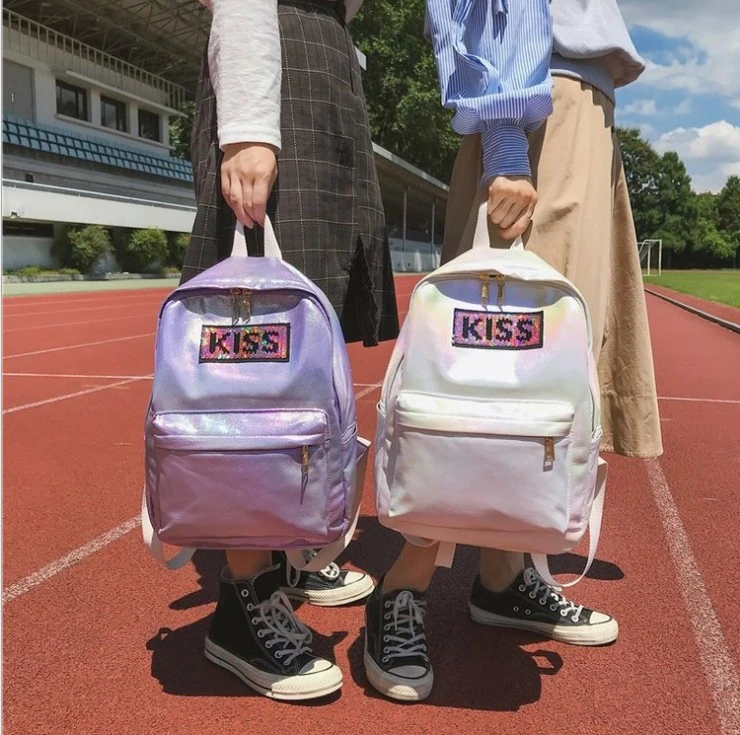 Junior High School Girl Students Laser School Bag Custom Fashion Reversible Sequins Letter Logo Women Backpack