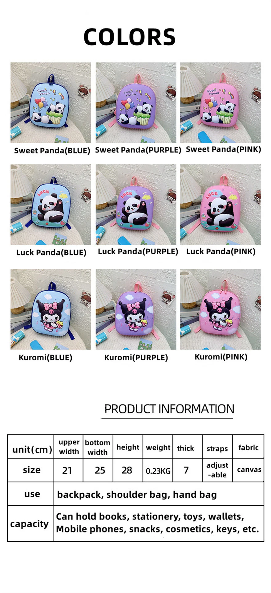 Cartoon Pink Panda School Bag for Girl Backpack Kids Bookbag Back Pack