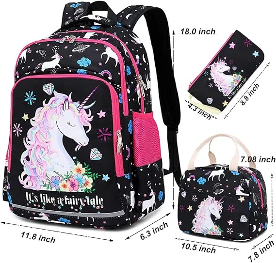 Girly School Bag with Insulated Lunch Tote and Pencil Pouch