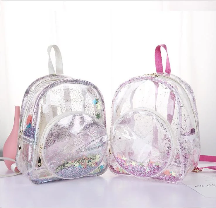 Custom Transparent PVC Floating Sequins Kids Backpack Fashion Cute Clear TPU Roving Paillette Girls School Bag