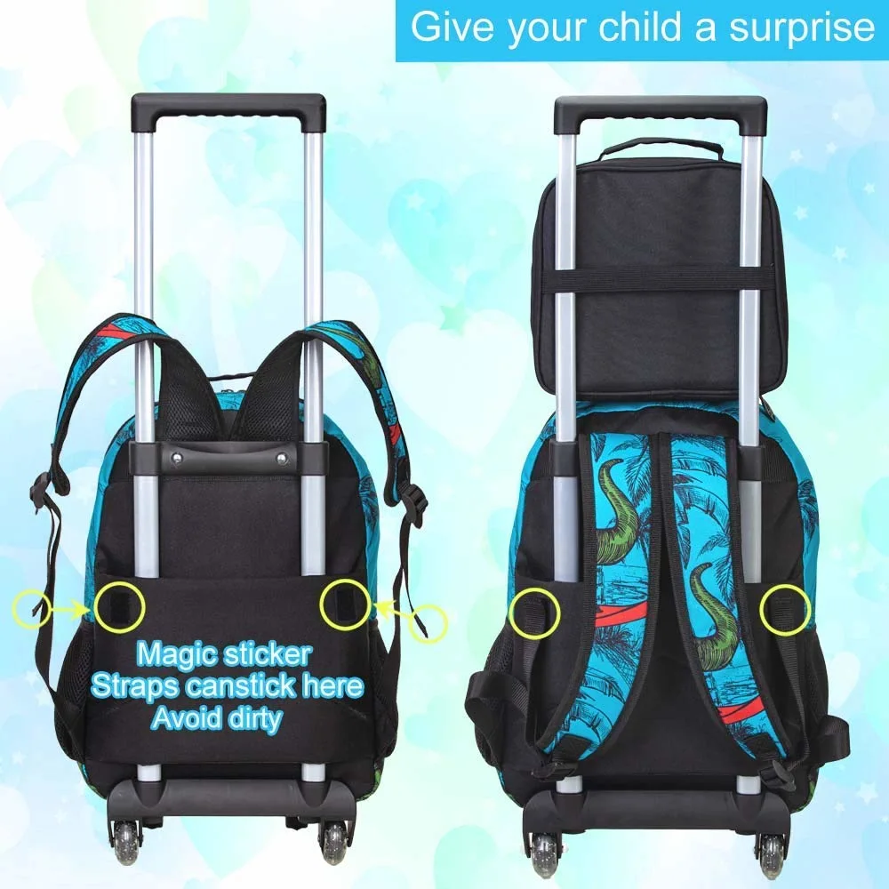 3PCS Rolling Backpack Bag for Boys Bag, Kids Dinosaur Wheeled Bookbag