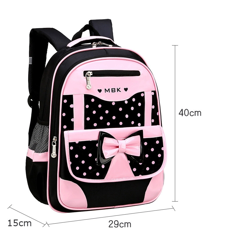 2PCS Bowknot Wave Point Prints Primary School Bookbag Nylon Fabric Kids School Backpack Sets for Girls