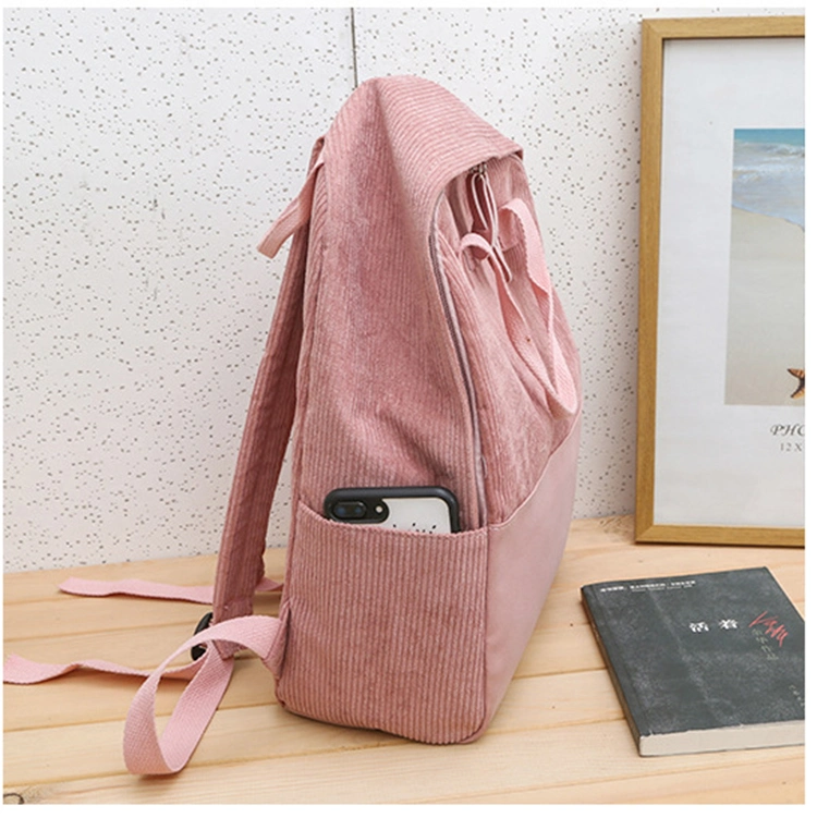 Leisure Teens Student Book Bag Soft Corduroy Daypack Travel Bag Pink Backpack