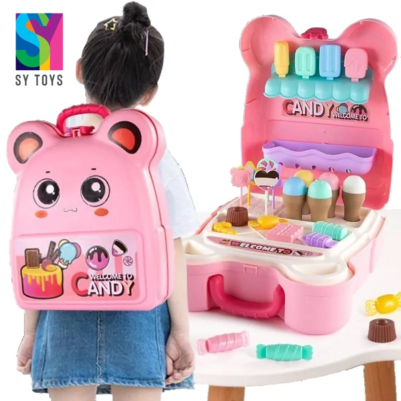 Sy 2 in 1 Candy Backpack Pretend Role Play Ice Cream Shop Kids Kitchen Game Play Set Surprise Toys with Dessert Food