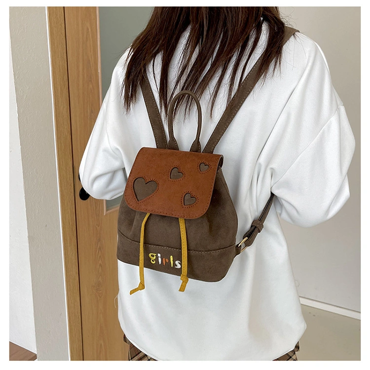 New Fashion Ladies Microsuede Fashion Small Cute School Bag Contrast Color Tide Alphabet Embroidery Love Flap Woman Backpack