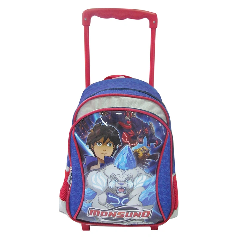 Cartoon Allover Pattern Wheeled High Quality Grid School Trolley Backpack Bag