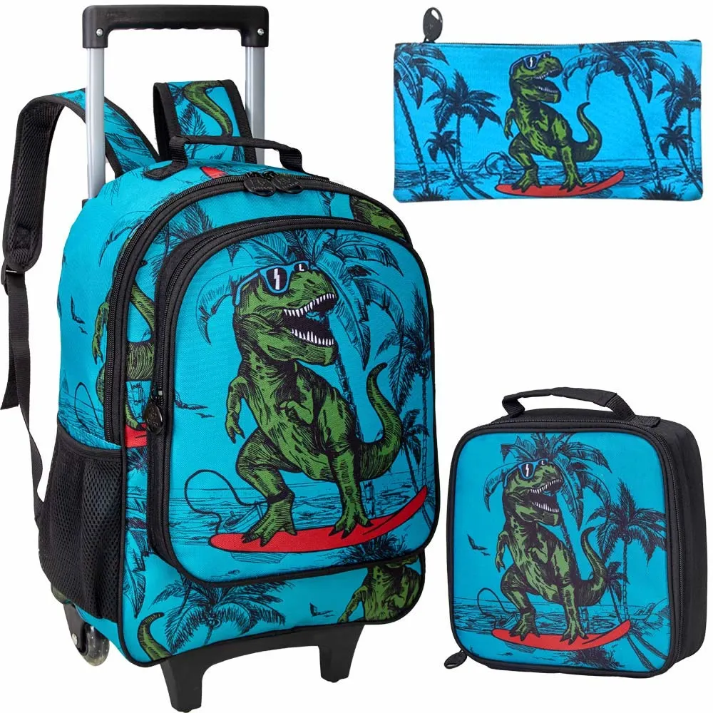 3PCS Rolling Backpack Bag for Boys Bag, Kids Dinosaur Wheeled Bookbag