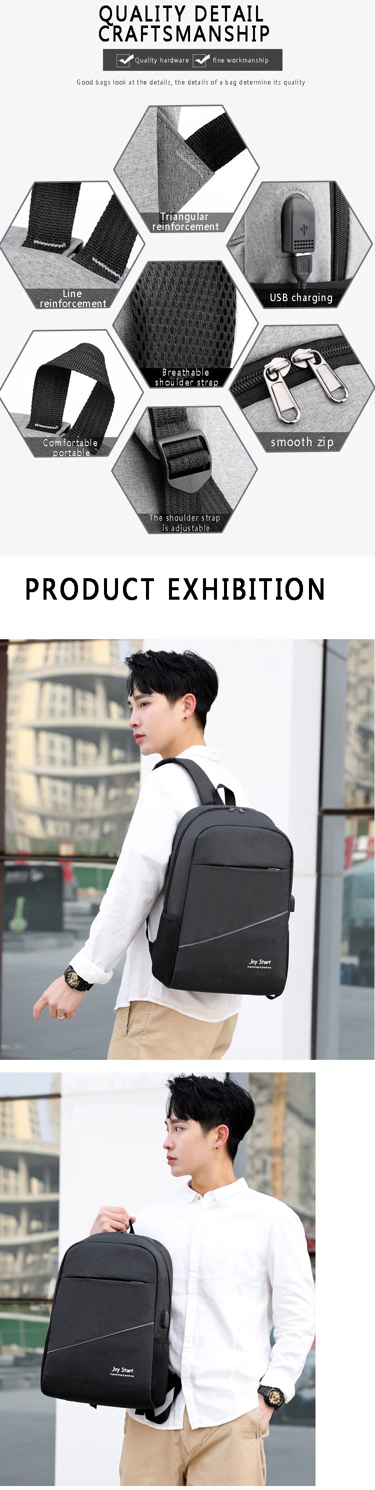 Custom Design Oxford Large Capacity Men&prime;s Shoulder Bags Rucksack USB Charging Youth Backpack