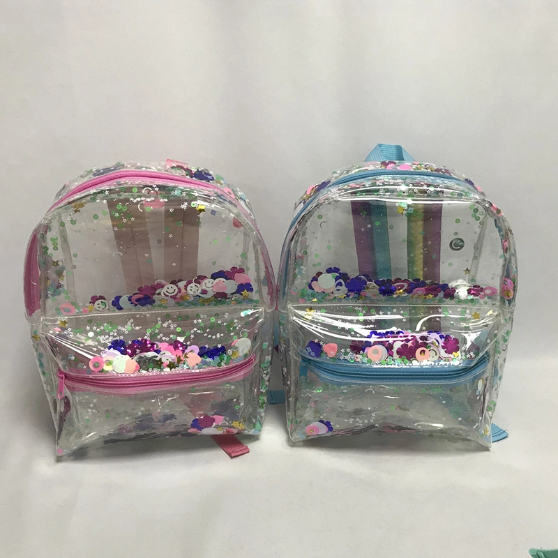 Custom Transparent PVC Floating Sequins Kids Backpack Fashion Cute Clear TPU Roving Paillette Girls School Bag