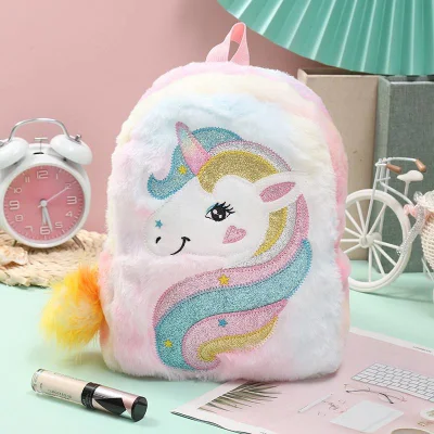 2023 Nuevo Unicorn Sequin de felpa con plumas de los niños de dibujos animados Cute Girl <a href='/mochila/'>Mochila</a> peluche