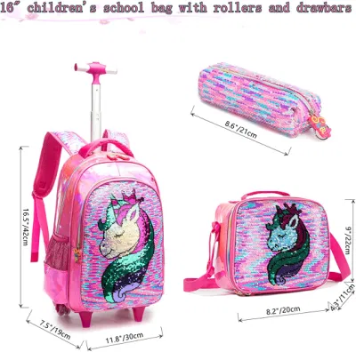 Los niños′ S Unicornio tirar la palanca <a href='/mochila/'>Mochila</a> mochila de rodadura de niños de escuela para niñas con ruedas de carro mochilas con ruedas