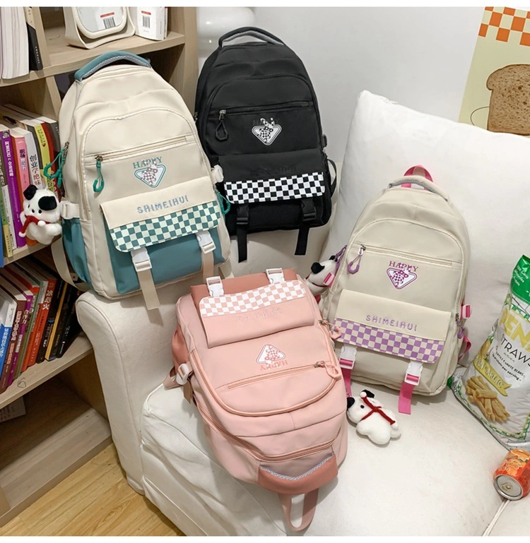 Girls&prime; Contrasting Color Backpack Ins Korean Version Forest Style Checkered Backpack for Middle and High School Students