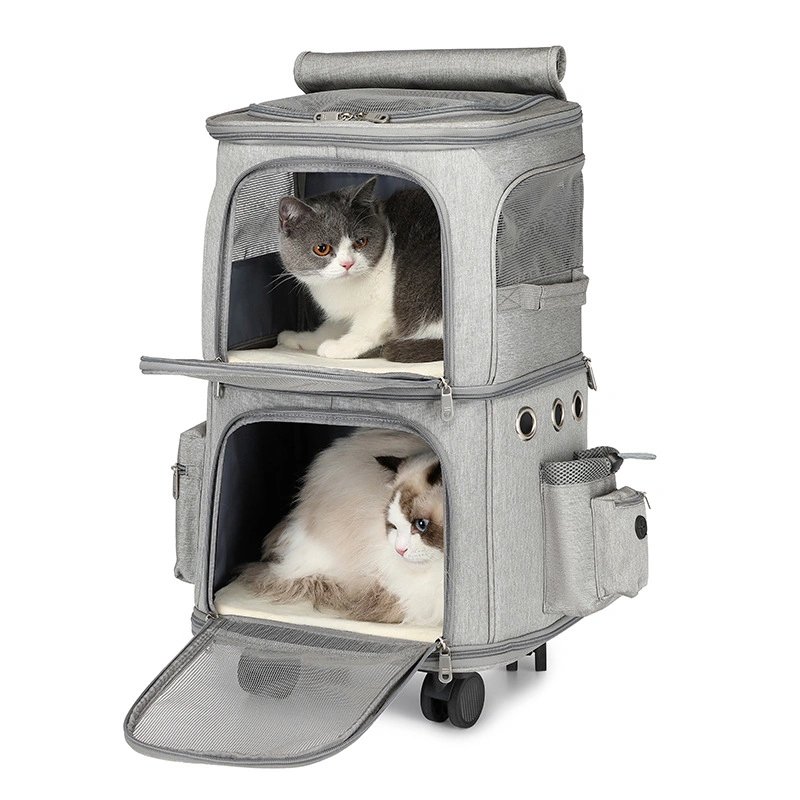 Double Pet Carrier Backpack with Wheels Rolling Cat Travel Carrier