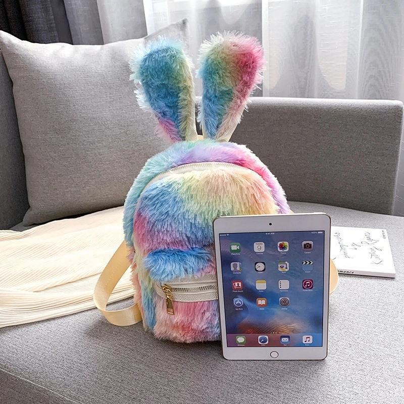 Cute Rabbit Ears Colorful Iridescent Plush Girls Shoulder Bag Kindergarten Primary Children School Bag Kids Small Backpack