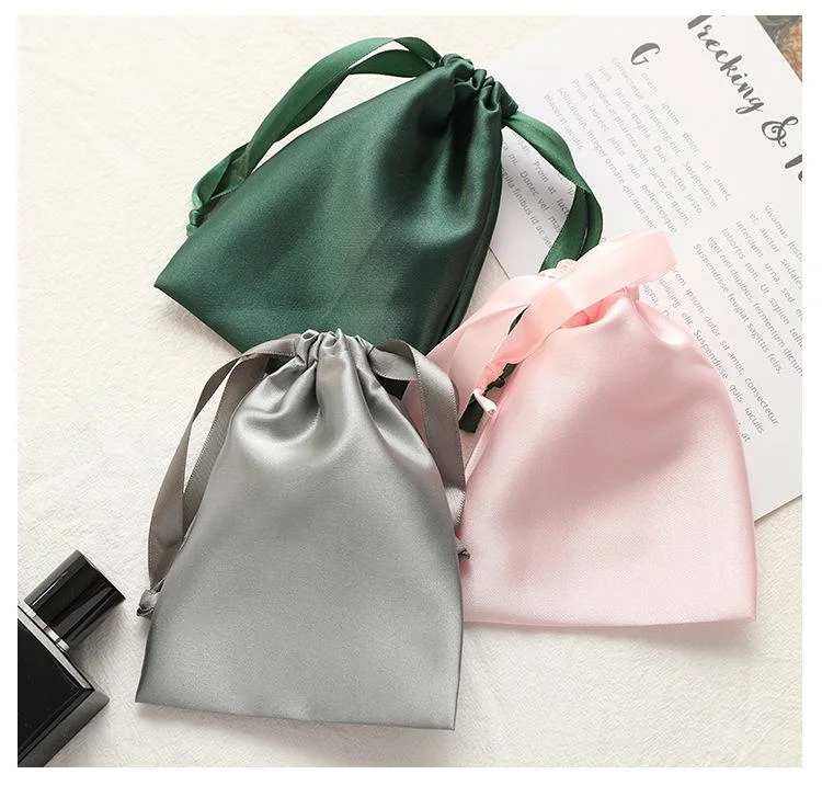 Wholesale Luxury Silk Personalized Drawstring Pouch Wig Hair Extension Packaging Satin Bag with Custom Logo