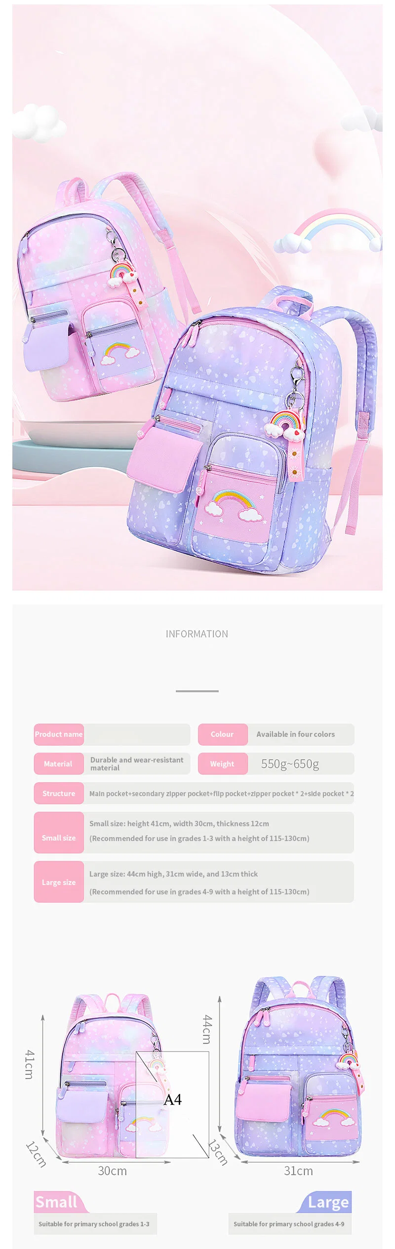 Custom Large Capacity Colorful Pink Teen Girls Students School Bags Kids Backpack for Children School