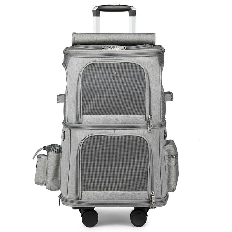 Double Pet Carrier Backpack with Wheels Rolling Cat Travel Carrier