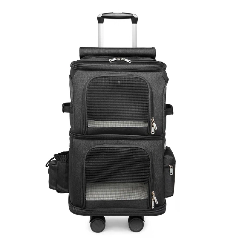 Double Pet Carrier Backpack with Wheels Rolling Cat Travel Carrier