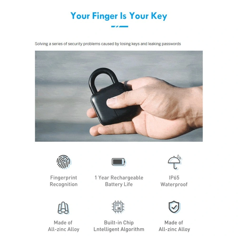 Smart Fingerprint Padlock Keyless Rechargeable Quick Unlock Door Lock Metal Self Developing Chip Luggage Lock