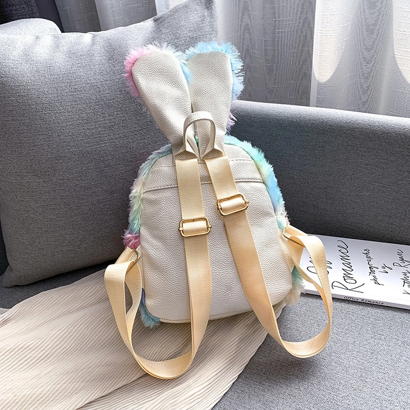 Cute Rabbit Ears Colorful Iridescent Plush Girls Shoulder Bag Kindergarten Primary Children School Bag Kids Small Backpack