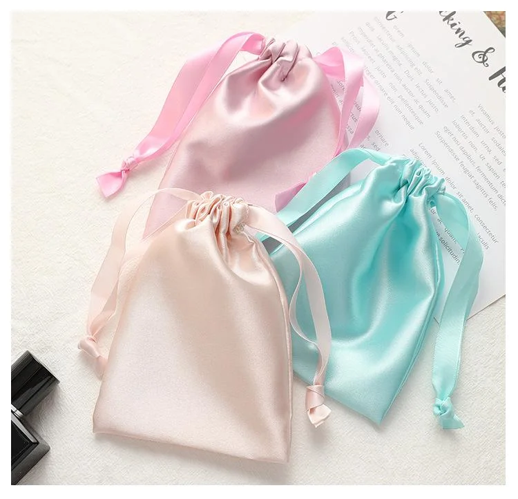 Wholesale Luxury Silk Personalized Drawstring Pouch Wig Hair Extension Packaging Satin Bag with Custom Logo