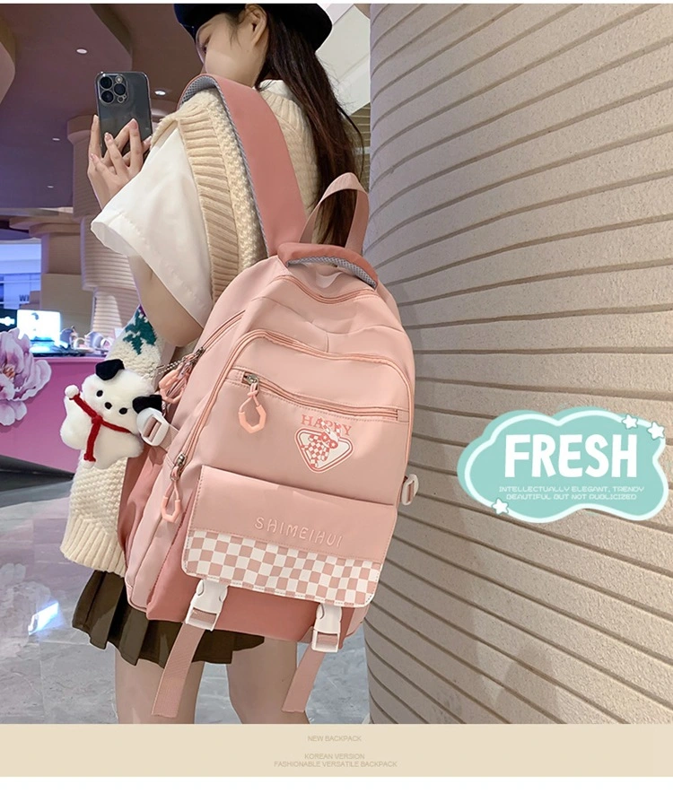 Girls&prime; Contrasting Color Backpack Ins Korean Version Forest Style Checkered Backpack for Middle and High School Students