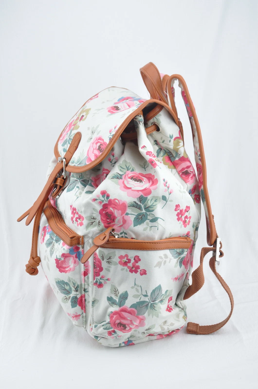 Drawstring Canvas Girls School Backpacks Flowers Prints PU Trims