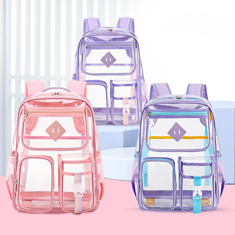 Transparent Women Student Carrier Bag Backpack for High Grade School with Waterproof Large Capacity Elementary