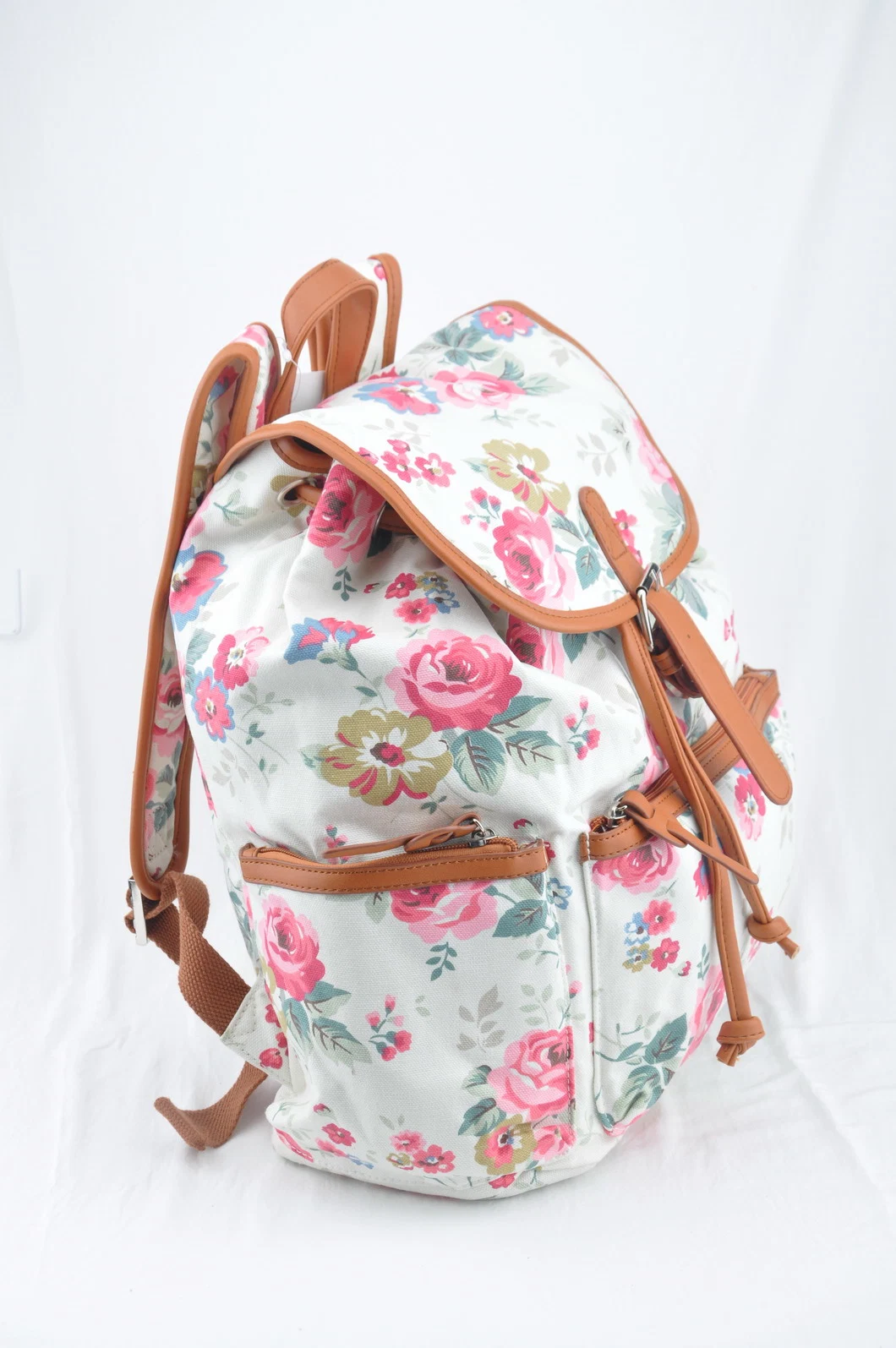 Drawstring Canvas Girls School Backpacks Flowers Prints PU Trims