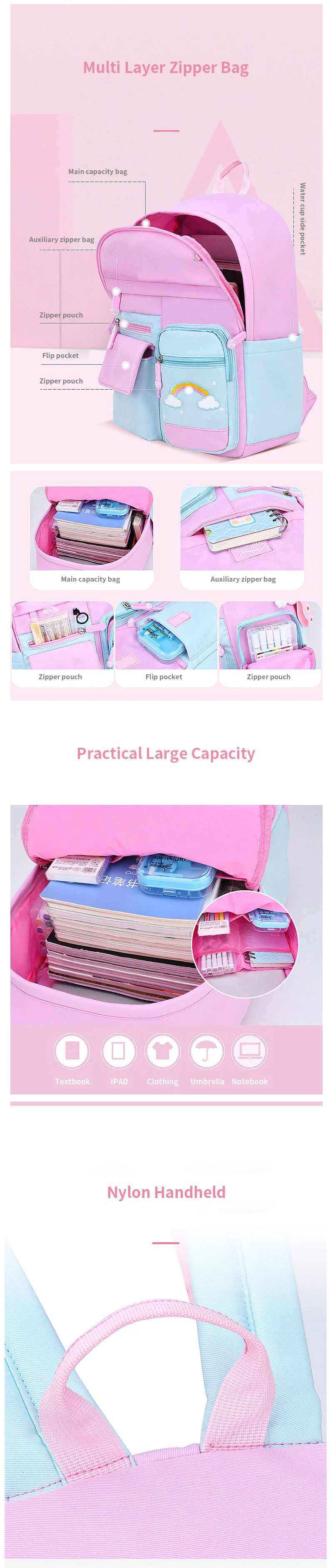 Custom Large Capacity Colorful Pink Teen Girls Students School Bags Kids Backpack for Children School