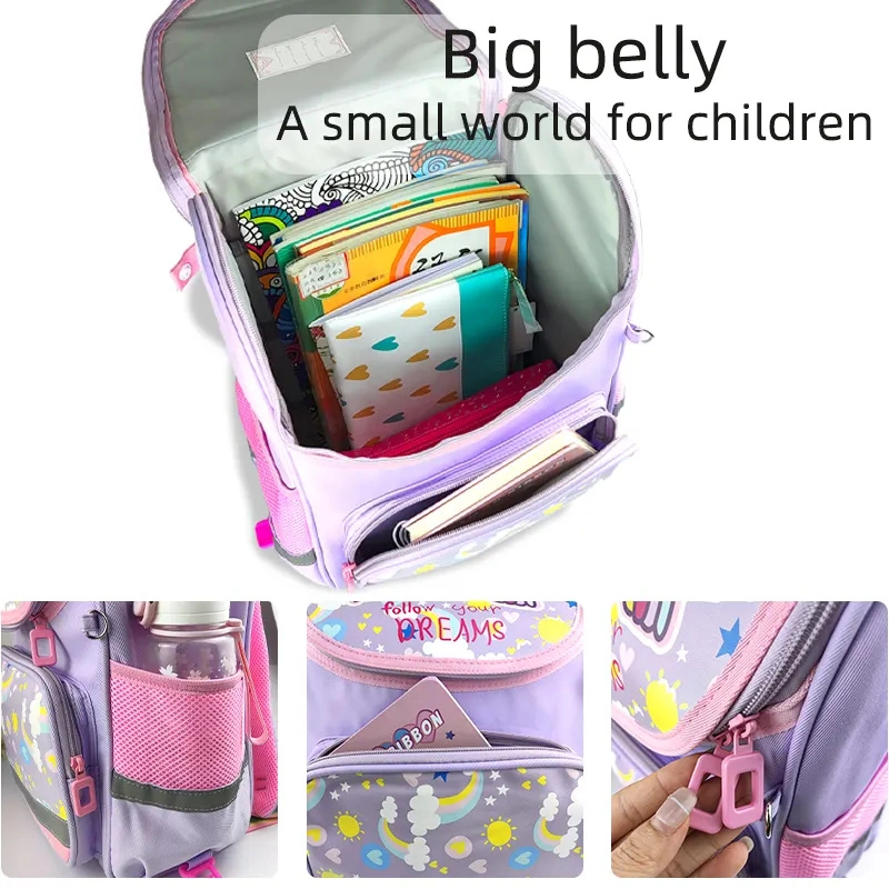 Easy Storage Cute Cartoon Pattern Rainbow Canvas Kid School Backpack for Girls