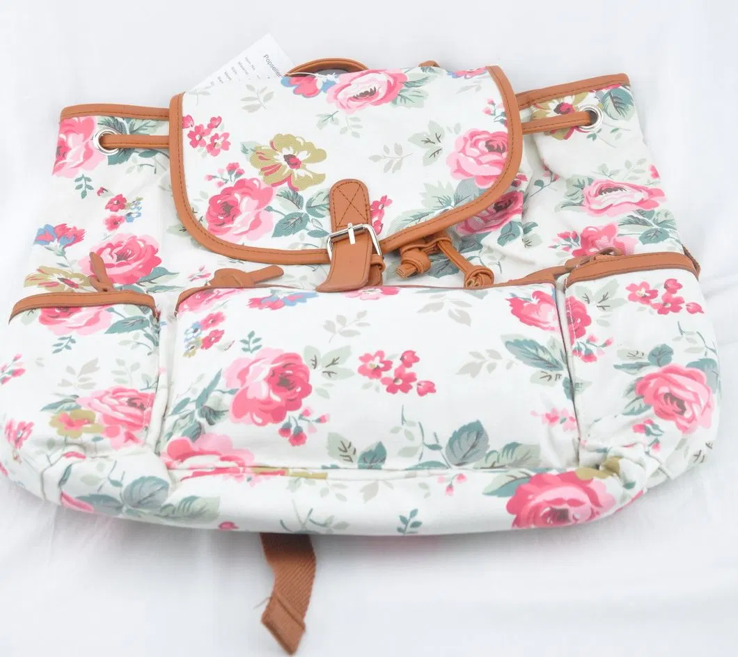 Drawstring Canvas Girls School Backpacks Flowers Prints PU Trims