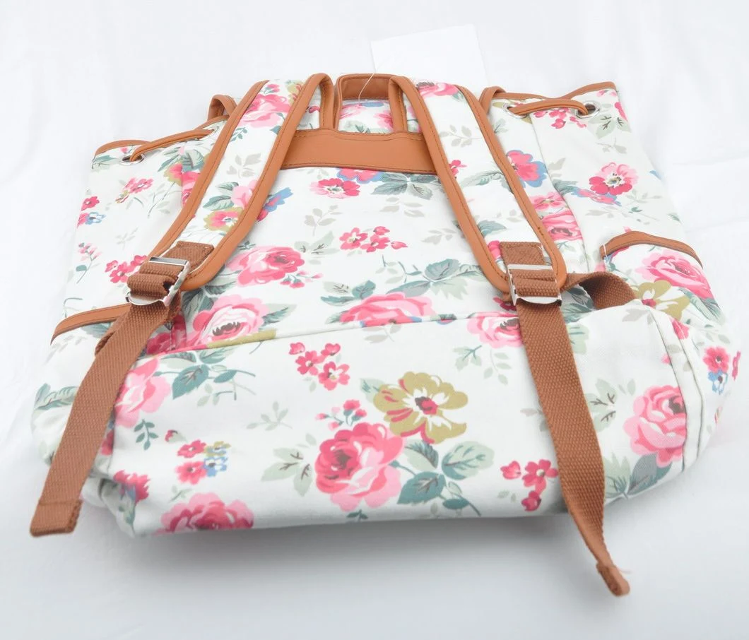 Drawstring Canvas Girls School Backpacks Flowers Prints PU Trims