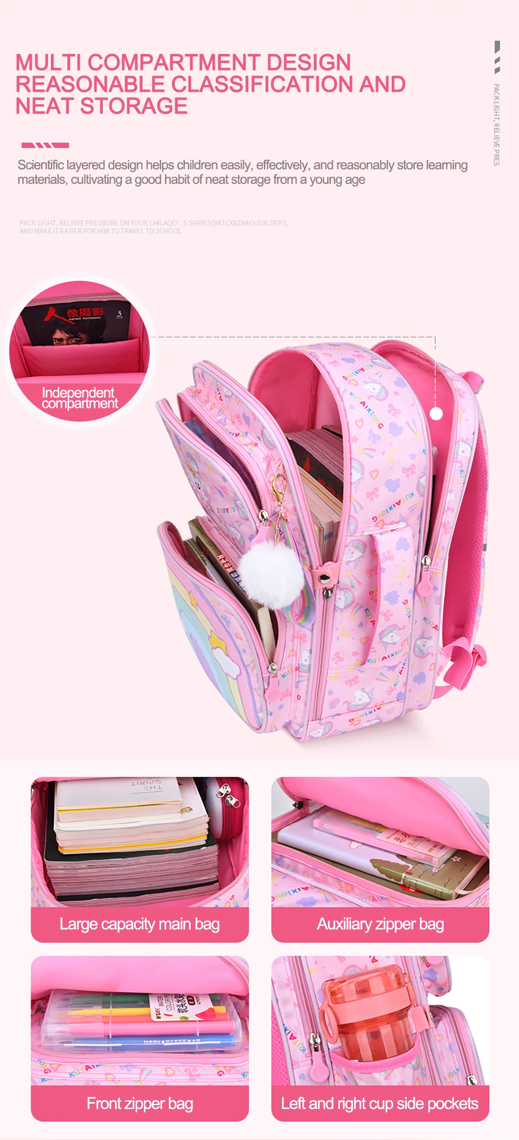 Wholesale Girls Pink Purple School Bag for 6-12 Years Old Large Capacity Children Primary School Backpack Kid Book Bags