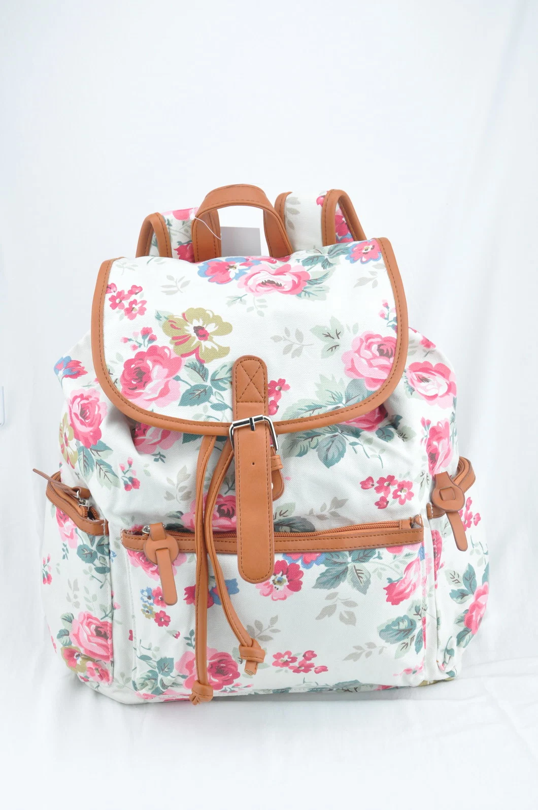 Drawstring Canvas Girls School Backpacks Flowers Prints PU Trims