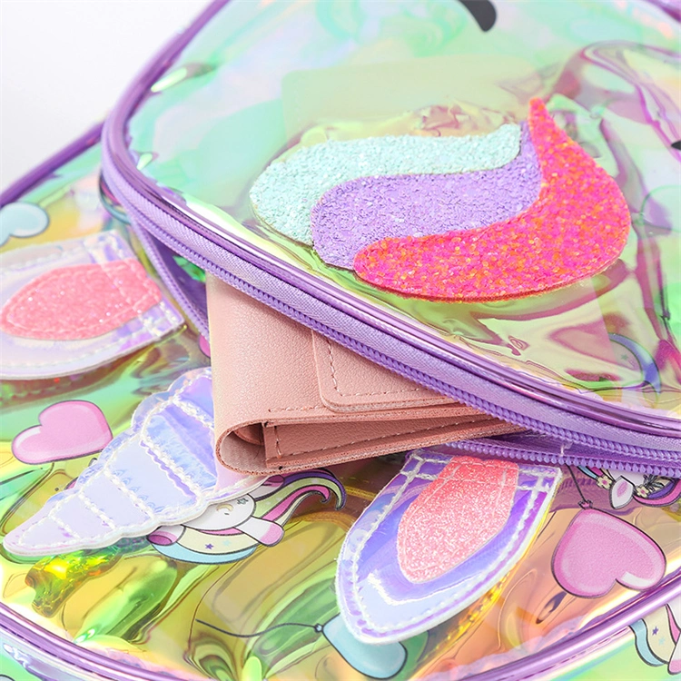 Autumn New Fashion Unicorn Holographic Transparent Colorful Clear PU Kids Mini Backpack