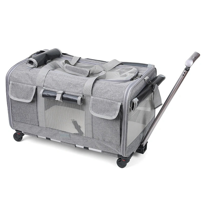 Double Pet Carrier Backpack with Wheels Rolling Cat Travel Carrier