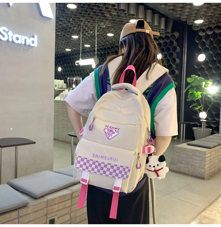 Girls&prime; Contrasting Color Backpack Ins Korean Version Forest Style Checkered Backpack for Middle and High School Students