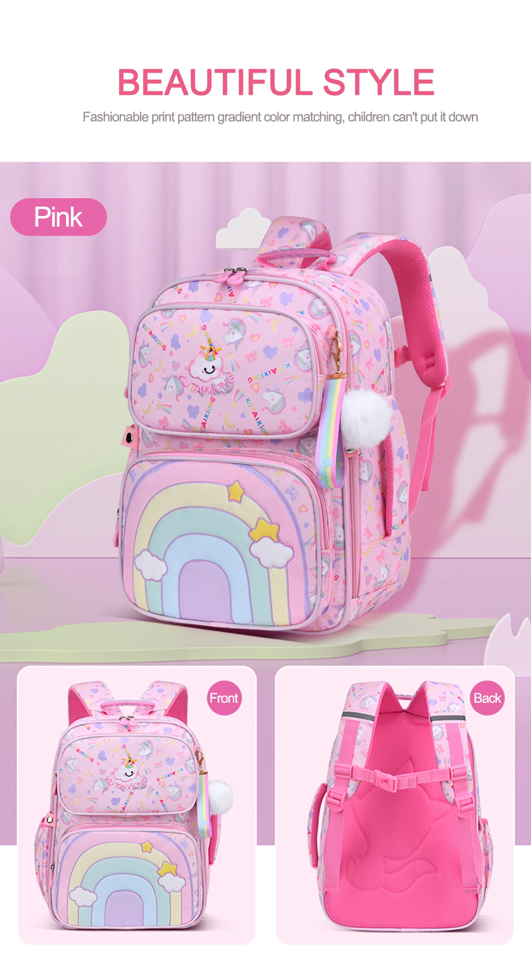 Wholesale Girls Pink Purple School Bag for 6-12 Years Old Large Capacity Children Primary School Backpack Kid Book Bags