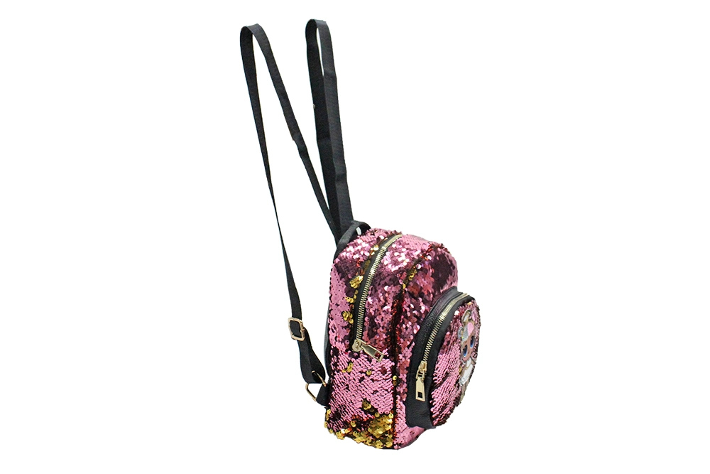 Women Adjustable Strap Children Cute Pink Backpack with Shiny Sequin Cartoon