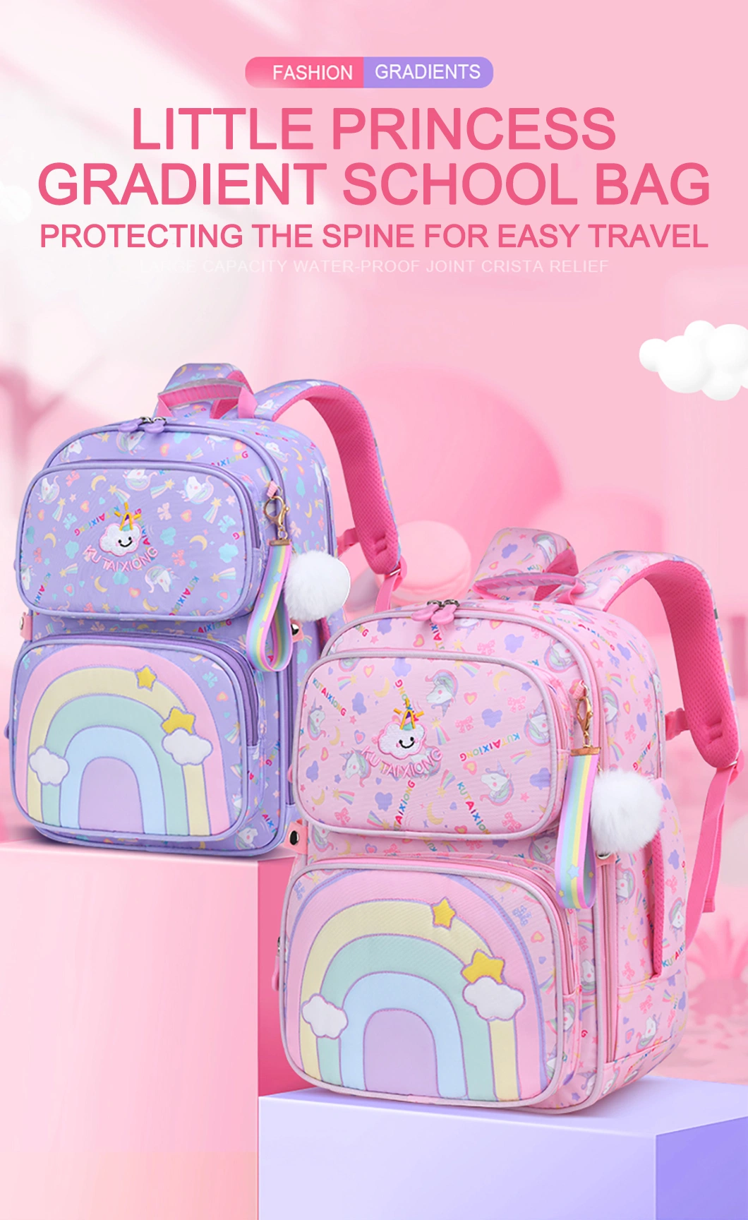 Wholesale Girls Pink Purple School Bag for 6-12 Years Old Large Capacity Children Primary School Backpack Kid Book Bags