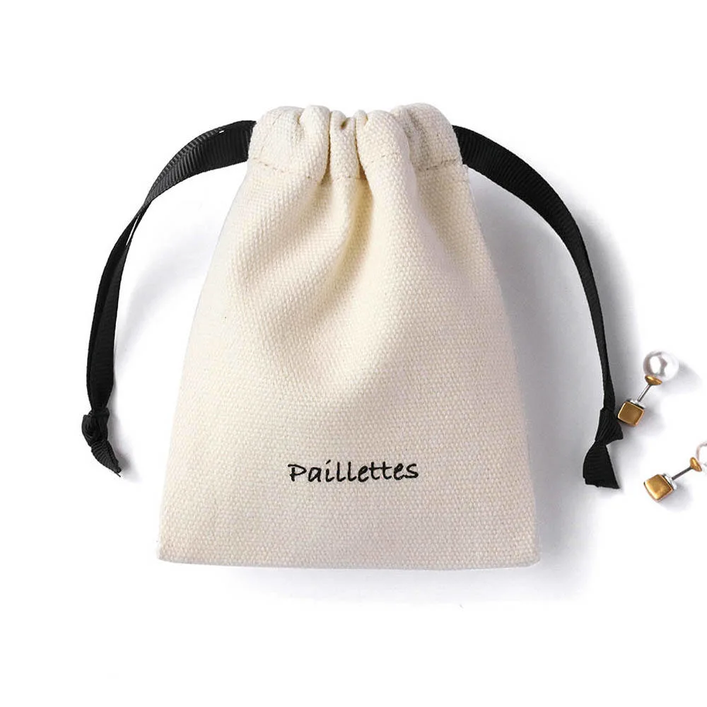 Personalized Colorful Canvas Cotton Drawstring Bag with Double Black Grosgrain/Silk String for Jewelry Package