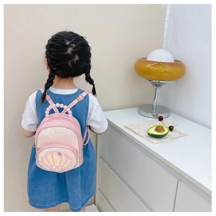 Fashion Pearl Shell Children&prime;s School Backpack PU Sequins Cute Girls Travel Backpack Kids Bag