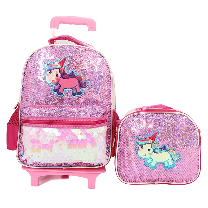 Kids Unicorn Sequins School Bag with Wheels for Girls Trolley Backpack