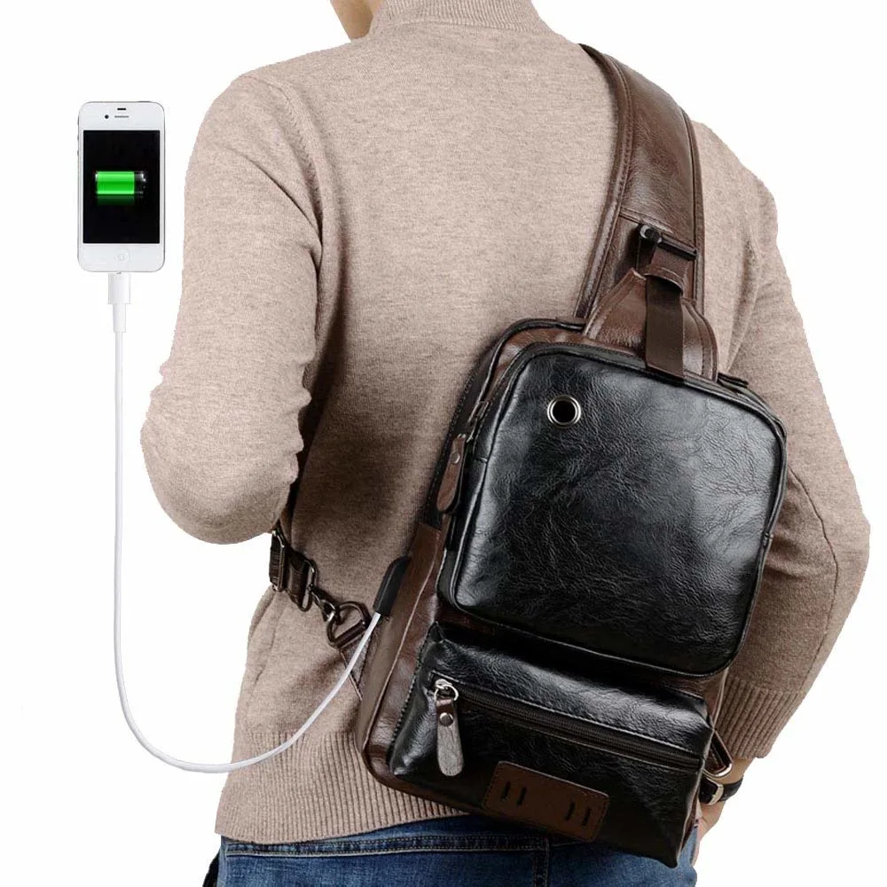 Small Black Sling Crossbody Backpack Shoulder Bag for Men Women Vintage PU Leather Sling Backpack Cycling USB Charger